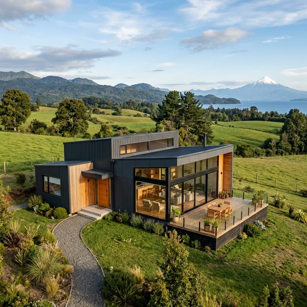 Casa prefabricada y modular en entorno natural del sur de Chile