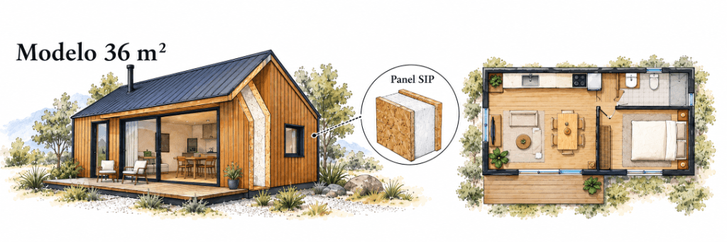 Plano arquitectónico y render 3D de casa prefabricada con paneles SIP de 36 m2 en Chile con 1 dormitorio, terraza y corte técnico de panel sándwich