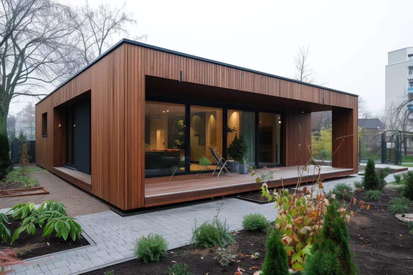 Casa prefabricada y modular de madera contemporánea en Chile con revestimiento de listones de madera, amplios ventanales termopanel y terraza