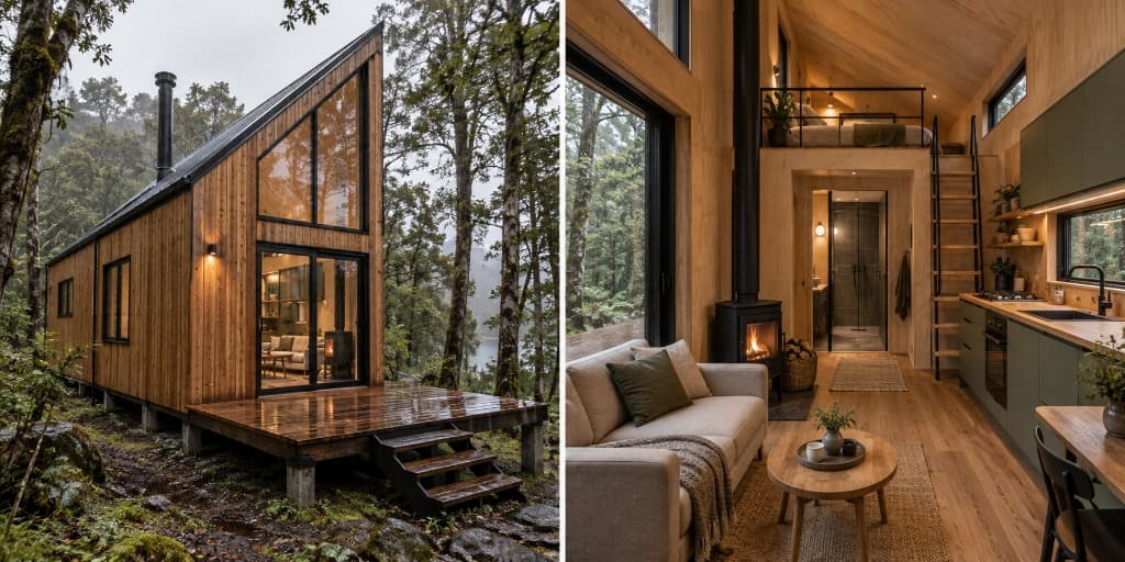 Casa prefabricada cabaña alpina contemporánea en entorno de bosque nativo del sur - exterior e interior