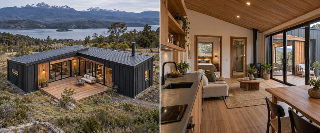 Casa prefabricada en L contemporánea con terraza deck y vista cordillerana - exterior e interior