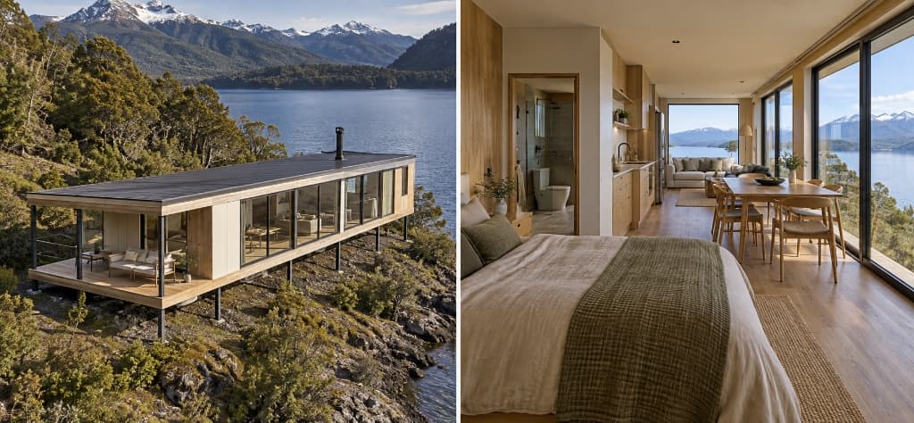 Casa prefabricada modular ribereña sobre pilotes frente a lago y montañas - exterior e interior